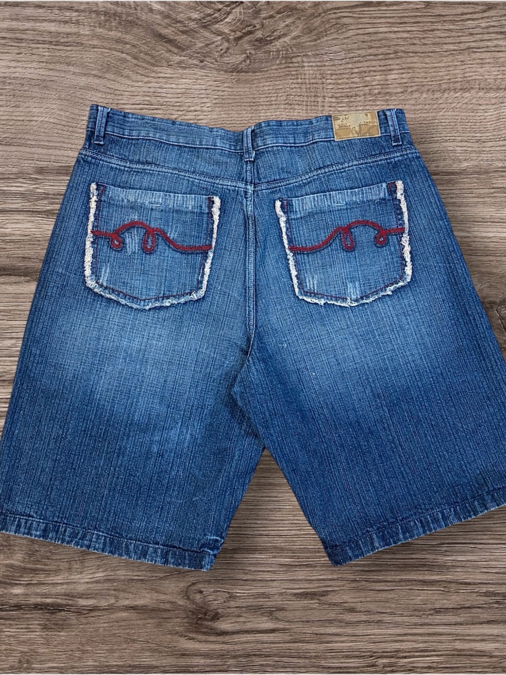 Men's Blue Denim Shorts with Red Pocket Accent Y2K jhorts
